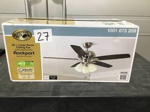 lot 27 image: HAMPTON BAY Rockport 52 in. LED Brushed Nickel Ceiling Fan with Light Kit- Open Box