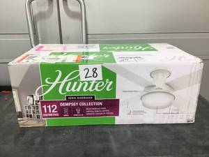 lot 28 image: HUNTER Dempsey 44 in. Low Profile LED Indoor Fresh White Ceiling Fan with Universal Remote- Open Box