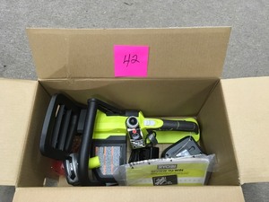 lot 42 image: Ryobi ONE Lithium 10 in. 18-Volt Lithium-Ion Cordless Chainsaw - 1.5 Ah Battery and Charger Included in good condition