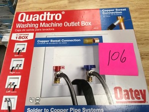 lot 106 image: Oatey Quadtro 2 in. Copper Sweat Washing Machine Outlet Box not usded