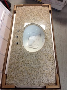 lot 202 image: Pegasus 49 in. W Granite Vanity Top in Beige with White Basin unused item retail price of more of $320. Beautiful, great Deal
