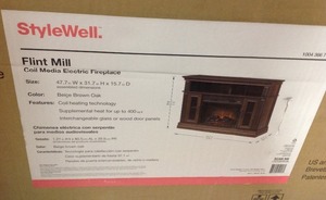 lot 206 image: StyleWell Flint Mill 48in  Media Console Electric Fireplace in Beige Brown Oak Finish in like new condition. Un-Inspected