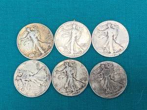 lot 1 image: Lot of 6 Walking Liberty Half Dollars  (1941,42,43,44,45,46)