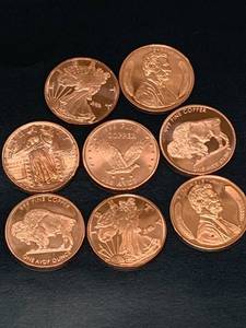 lot 10 image: Lot of 8 Investment Grade .999 Copper Rounds (includes Bison)