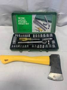 lot 89 image: 40pc Metric & SAE Socket Set & Fiberglass Camp Axe