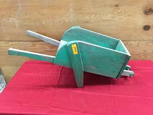 lot 98 image: Wooden Wheel Barrow Garden Art