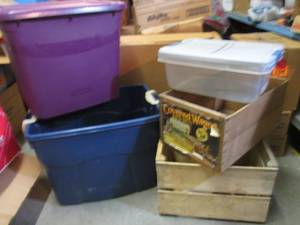 lot 160 image: Assorted Plastic Totes and 2 Wood C...