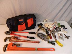 lot 82 image: Large Pipe Wrenches, Tools, Etc