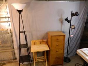 lot 171 image: Chest of Drawers, Shelf Lamp, Lamp, and TV Trays