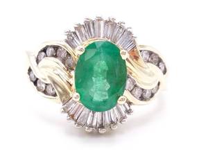 lot 12 image: Brilliant 1.50 Carat Natural Emerald and Diamond Estate Ring in 14k Yellow Gold
