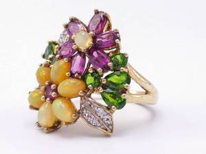 lot 27 image: Vibrant Opal, Amethyst, Peridot, and White Topaz Floral Estate Ring in Sterling Silver