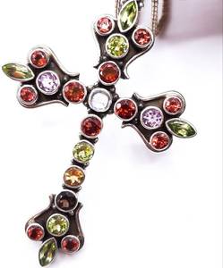 lot 52 image: Garnet, Citrine, Peridot, Opal, and Amethyst Gem Encrusted Cross Estate Necklace in Sterling Silver