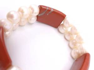 lot 54 image: Ladies 14 in Double Strand Cultured Pearls With Red Jasper Bracelet