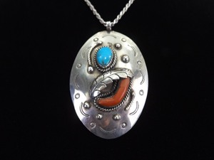 .925 Sterling Silver Navajo Turquoise and Red Coral Shield Pendant Necklace