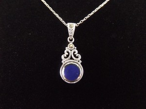 .925 Sterling Silver Art Nouveau Inlayed Blue Lapis Pendant Necklace