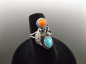 .925 Sterling Silver Navajo Red Coral and Turquoise Ring Size 5.75