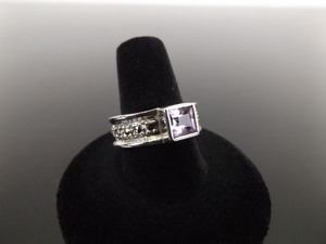 .925 Sterling Silver Art Nouveau Square Cut Amethyst Ring Size 9
