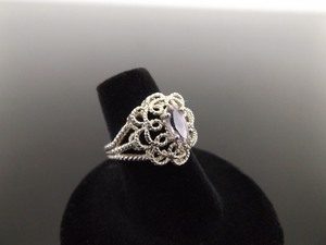 .925 Sterling Silver Marquise Cut Amethyst Filigree Flower Ring Size 5