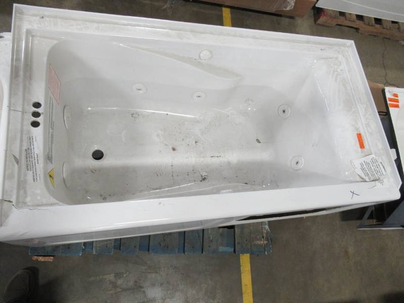lot 486 image: EverClean LH Drain Alcove Whirlpool Tub Made of Vikrell Material in White 60 X 32 X 21 Tall. - Missing Front RH Panel and Has a Bad Crack on LH Top Side - See Photos