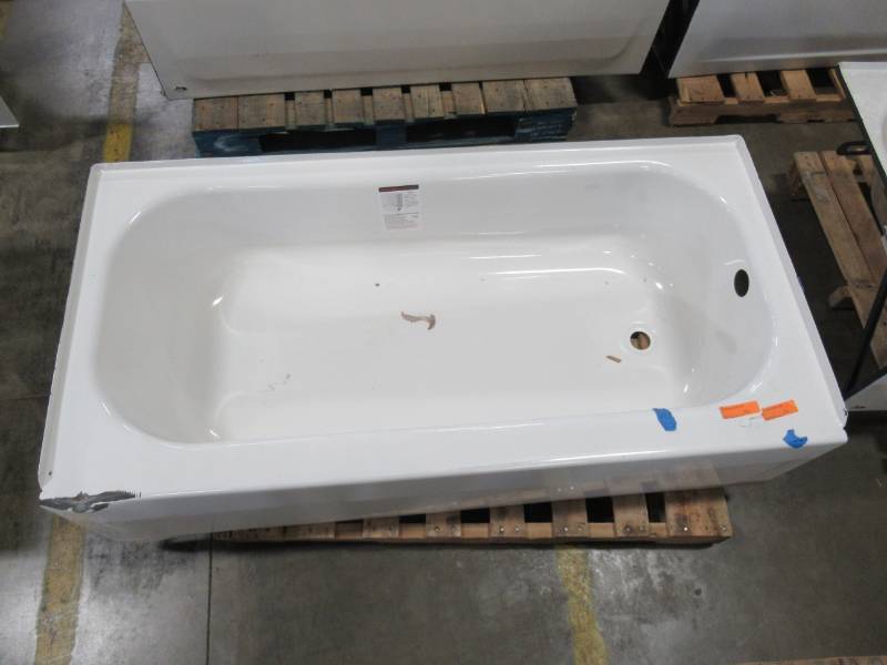 lot 495 image: Briggs RH Drain Made From Single Steel Sheet in White 60 X 30 X 14 12 Tall - Enamel Damage and Dent in LH Front Upper Corner - See Photo.