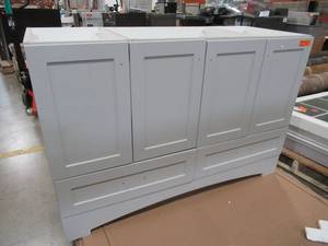 lot 312 image: Glacier Bay Lancaster 48 X 18 12 X 32 12 Tall D Bath Vanity Cabinet in Pearl Gray LC48P2-PG - Crack in Bottom Back Board.
