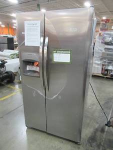 lot 326 image: Frigidaire 25.5 cu. ft. Side by Side Refrigerator in Stainless Steel - Back top Dent, Small Crack Upper Inside RH Corner, Cracked Fridge Bin. FRIDGE IS STILL UNDER WARRANTY