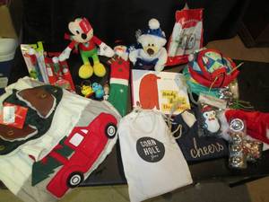 Christmas Pet Lot- Dog Sweater (XL) Dog Has (S), Cat Cubes, Key Chains, Mickey Mouse Stuffed Animal, and Bear, Andy Warhol Book, Wine Bag, Corn Hole Game