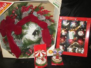 Battery Operated Pre-Lit Wreath, 2 Decorative Carousels (1 Lights up, Plays Music), 11 pc. Glass Ornaments See Photos