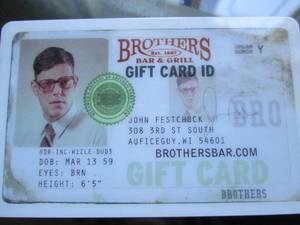 Unique $25.00 Gift Card To Brothers Bar & Grill in Minneapolis, MN