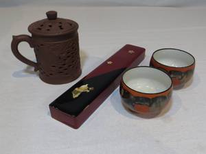 lot 64 image: Chopsticks, Lidded Mug, & 2 Small Bowls