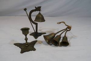 lot 118 image: 2 Brass Bells & Brass Candlestick