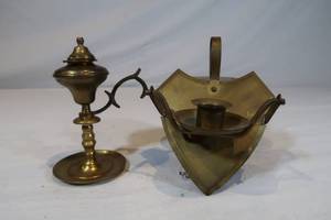 lot 120 image: Brass Oil Lamp & Wall Mounted Brass Candle Holder