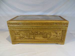 lot 128 image: 34 Long Carved Wooden Chest (Camphor)