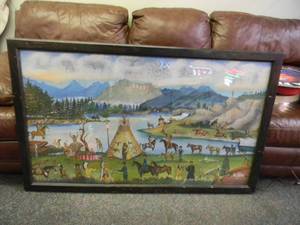 lot 15 image: VERY RARE ORGINAL Painted by Souix Indian in 1955 at Pine Ridge. MUST SEE Approx 51x32 - SEE PICTURES