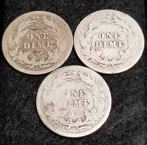 3 BARBER SILVER DIMES 1911 1912 1913