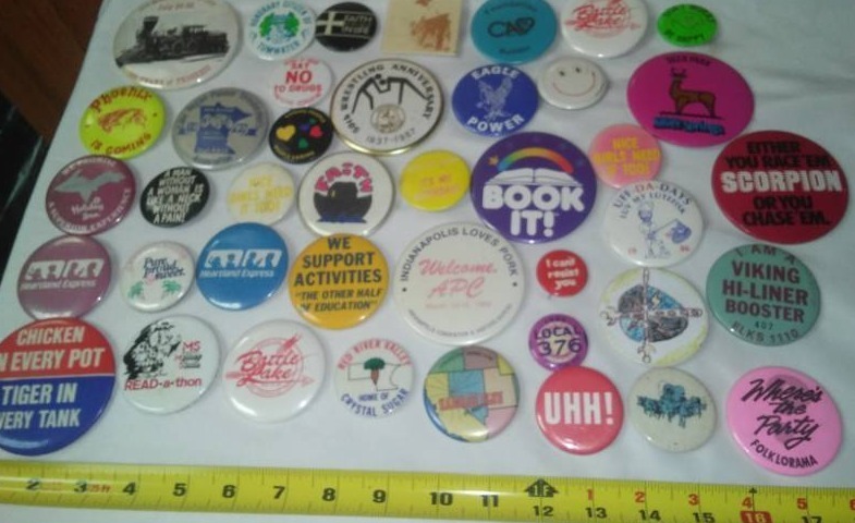 lot 22 image: SEE ALL PICS, DOZENS OF Pins, Election, promotion, advertising, 3 stooges & more.