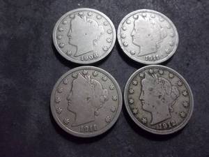 1908, 1911, 1911,  1912 V-Nickels