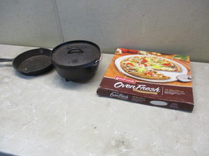 lot 5 image: 10 Lodge Cast Iron Dutch Oven, 10 Cast Iron Frying Pan and Ovenfresh 14.75 Pizza Baking Stone(New)