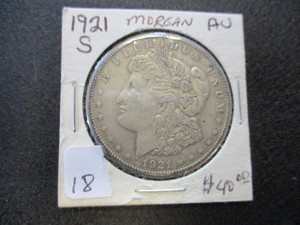 lot 18 image: 1921-S AU Morgan Silver Dollar