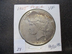 lot 21 image: 1925 VF Peace Silver Dollar