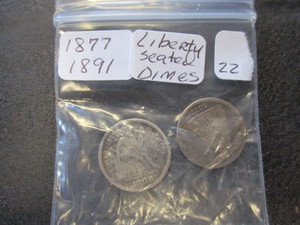 lot 22 image: Lot of (2) Liberty Seated Dimes - 1877 & 1891. Full Liberty on 1891