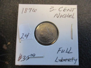 lot 24 image: 1876 VF 3-Cent Nickel- Full Liberty