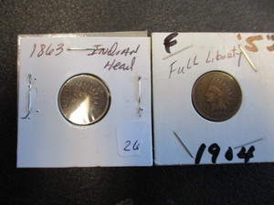 lot 26 image: 1863 & 1904 Indian Head Cents. 1904 is Full Liberty