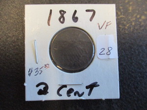 lot 28 image: 1867 VF 2 (Two) Cent Piece