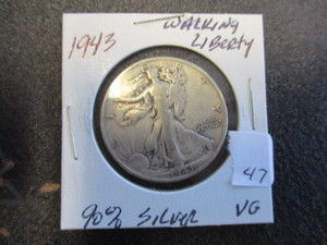 lot 47 image: 1943 VG Silver Walking Liberty Half Dollar