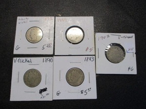 lot 55 image: Lot of (5) V- Nickels- 1903,1892,1887,1893,1890