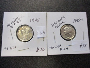 lot 59 image: MS63 BU Uncirculated 1945 & 1945-S Silver Mercury Dimes. 2 Gorgeous Coins