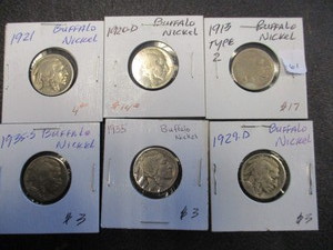 lot 61 image: Lot of (6) Buffalo Nickels- 1913 Type 2, 1920-d,1921,1929-d,1935,1935-s