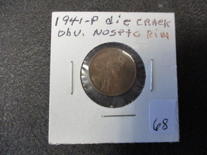 lot 68 image: 1941 Lincoln Cent Rare Error Coin - Obverse Die Crack