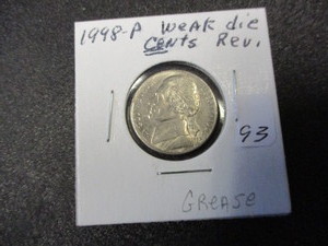 lot 93 image: Rare Error 1998-P Jefferson Nickel- Very Weak StrikeDie on Reverse CENTS